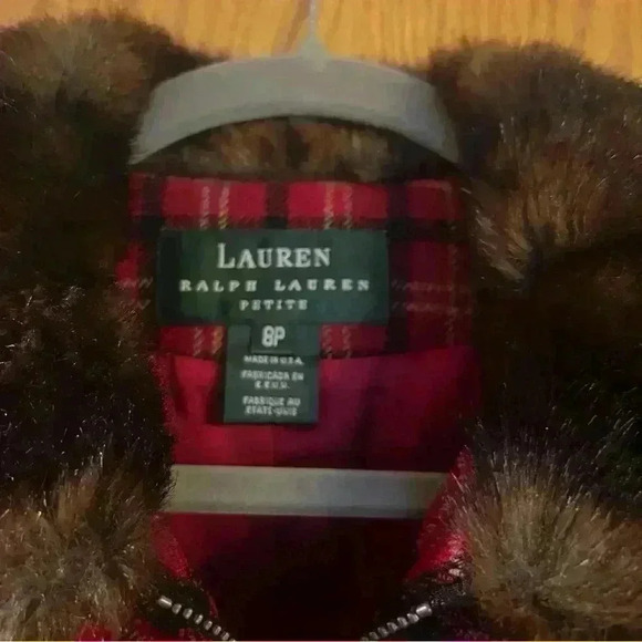 Vintage lauren ralph lauren red plaid faux fur collar jacket women's 8P - Picture 7 of 12